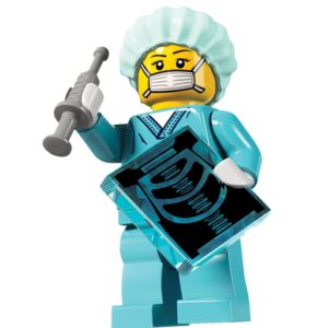 Lego Doctor holding a syringe and x-ray