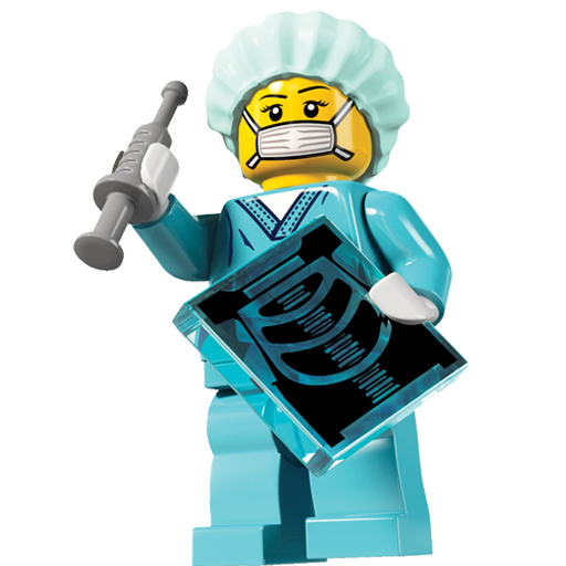 Lego Doctor holding a syringe and x-ray